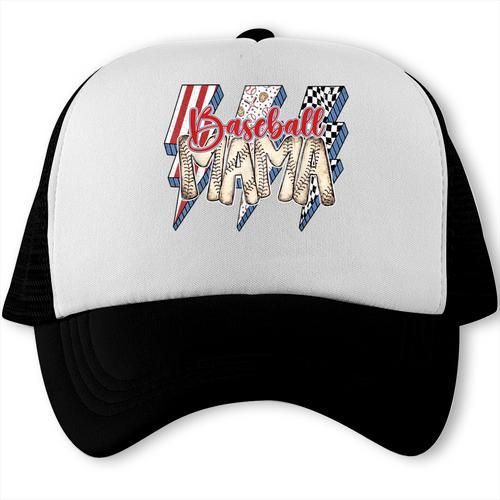 Baseball Mama Lightning Bolt Checkered Varsity Mother's Day Trucker Cap - Sportilla