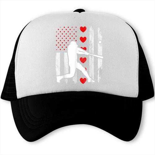 Baseball Silhouette Heart USA Flag Hearts American Boys Kids Trucker Cap - Sportilla