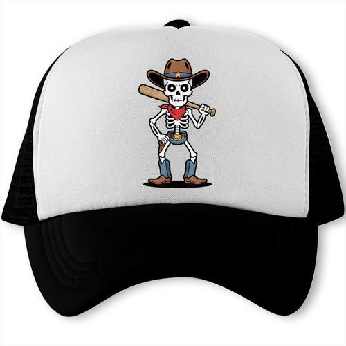 Cowboy Skeleton Baseball Halloween Graphic Trucker Cap - Sportilla