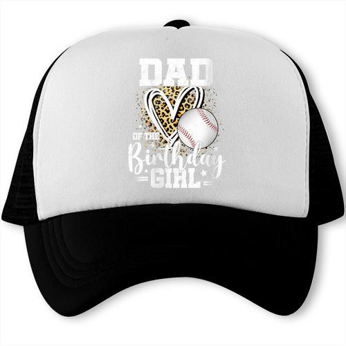 Dad Of The Birthday Girl Baseball Dad Leopard Heart Trucker Cap - Sportilla