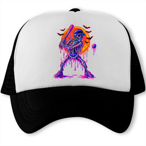 Drip Skeleton Batting Baseball Halloween Trucker Cap - Sportilla