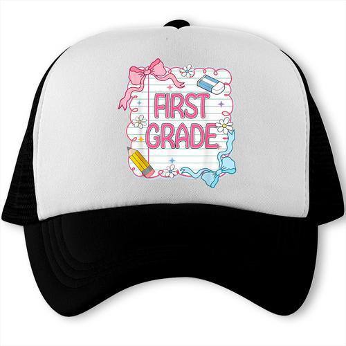 First Grade Back To School Girls Kids Coquette Bows Retro Trucker Cap - Savourry