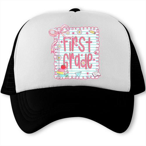 First Grade Coquette Bow Pink Preppy Back To School Girls Trucker Cap - Savourry