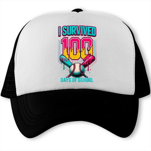 HUGvyn I Survived 100 Days Baseball Teacher Ice Cream Drip Trucker Cap - Sportilla