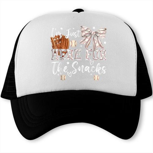 I'm Just Here For The Snacks Baseball Coquette Game Day Girl Trucker Cap - Sportilla
