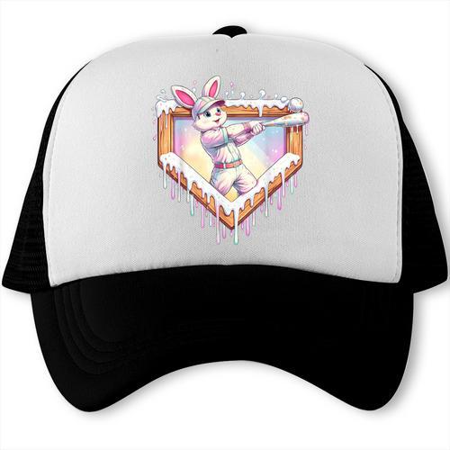 Kids Happy Easter Bunny Playing Baseball Boy Ice Cream Drip Trucker Cap - Sportilla