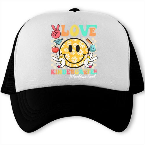 Peace Love Kindergarten Smile Face Back To School Girls Kids Trucker Cap - Savourry