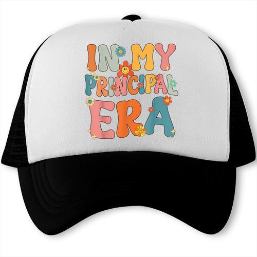 In My Principal Era Retro Groovy Back To School Principal Trucker Cap - Savourry