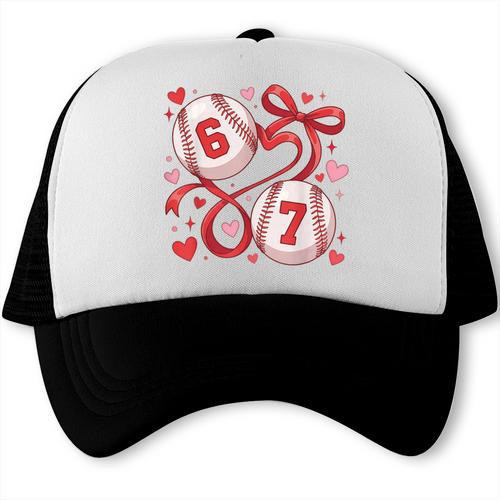 Six Seven Baseball Lover Sports Red Heart Bow Valentine Girl Trucker Cap - Sportilla