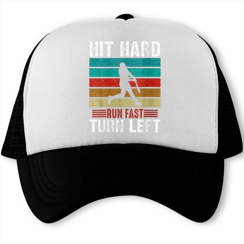 Women's Retro Hit Hard Run Fast Turn Left Baseball Lover Trucker Cap - Sportilla