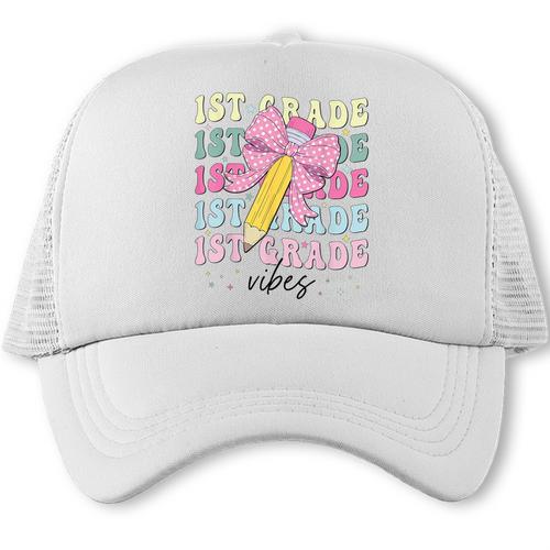 1st Grade Vibes Girl Coquette Bow First Grade Back To School Trucker Cap - Savourry