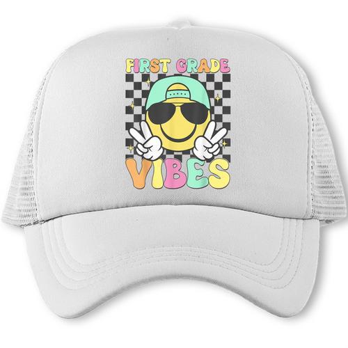 1st Grade Vibes Smile Face Back To School First Grade Trucker Cap - Savourry