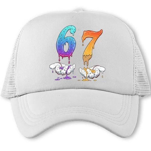 67 Meme Baseball Kids Girls Humor Number 6 7 Trucker Cap - Sportilla