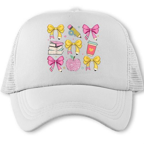Apple Coquette Bow Books First Day Of School Back To School Trucker Cap - Savourry