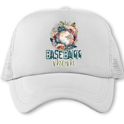 Artsy Baseball Mom Flowers Unique Game Day Ball Distressed Trucker Cap - Sportilla