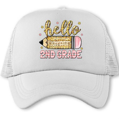 Back To School Hello Second 2nd Grade Leopard Pencil Girl Trucker Cap - Savourry