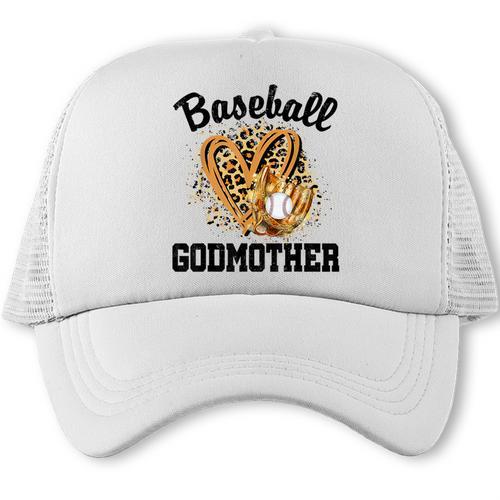 Baseball Godmother Leopard Heart Baseball Mom Game Day Trucker Cap - Sportilla