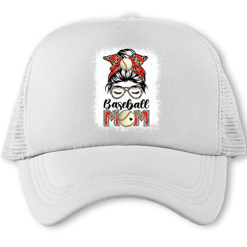 Baseball Mom Game Day Messy Bun Leopard Mother's Day Trucker Cap - Sportilla