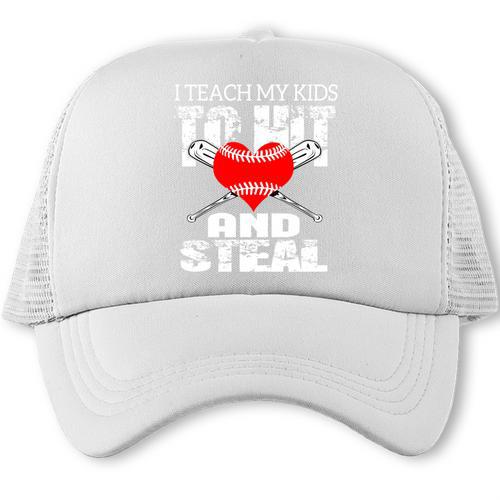 Baseball Mom Humor I Teach My Kids To Hit And Steal Trucker Cap - Sportilla