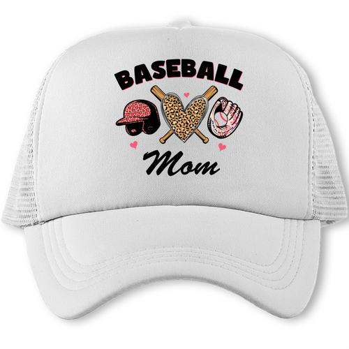 Baseball Mom Leopard Heart Game Day Love Mommy Trucker Cap - Sportilla