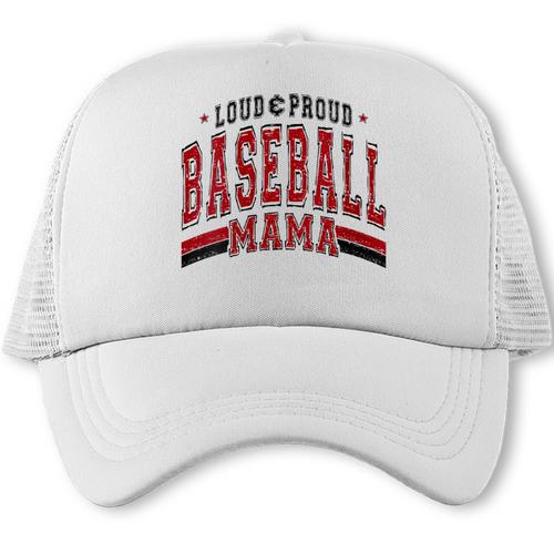 Baseball Mom Baseball Mama Mother's Day Red Loud Proud Trucker Cap - Sportilla