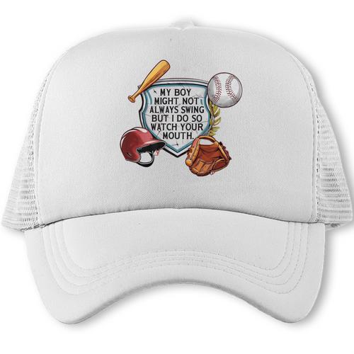My Boy Might Not Always Swing Baseball Mom Premium Trucker Cap - Sportilla