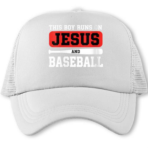 This Boy Runs On Jesus And Baseball Christian Baseball Trucker Cap - Sportilla