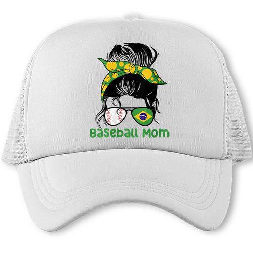 Brazil Baseball Mom Messy Bun Trucker Cap - Sportilla
