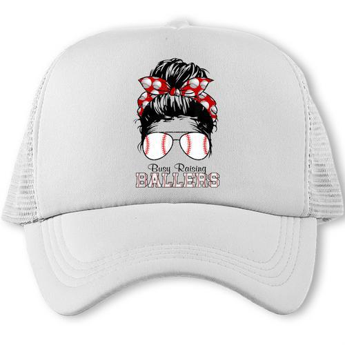 Busy Raising Ballers Messy Bun Funny Baseball Mom Trucker Cap - Sportilla