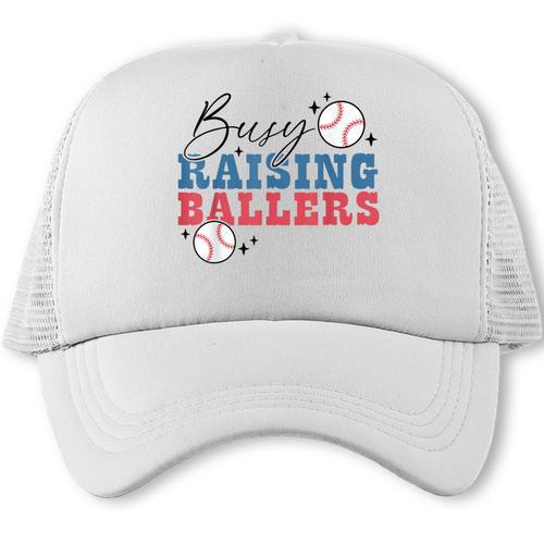 Busy Raising Ballers Retro Groovy Baseball Mom Outfit Trucker Cap - Sportilla