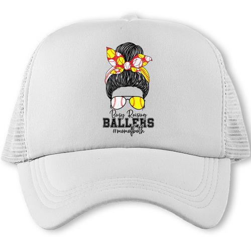Busy Raising Ballers Softball Messy Bun Baseball Mom Trucker Cap - Sportilla