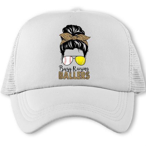 Busy Raising Ballers Tennis Baseball Mom Messy Bun Leopard Trucker Cap - Sportilla