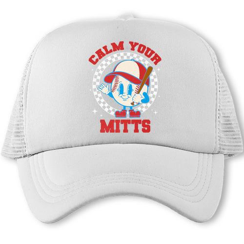 Calm Your Mitts Baseball Mom Mother's Day Softball Mom Premium Trucker Cap - Sportilla