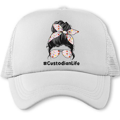 Custodian Life Messy Bun Hair Glasses Leopard Back To School Trucker Cap - Savourry