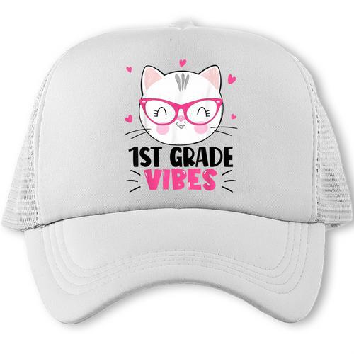 Cute 1st Grade Vibes Cat Kitten Lover Back To School Girls Trucker Cap - Savourry