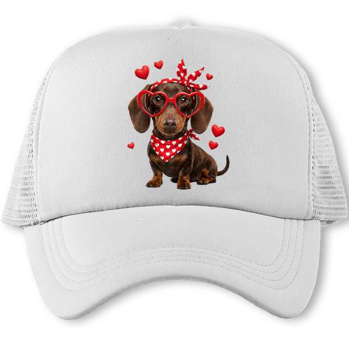Dachshund Valentines Day Wiener Dog Lover Weenie Heart Raglan Baseball Tee Trucker Cap - Sportilla