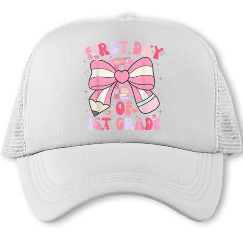 First Day Of 1st Grade Coquette Back To School Girls Kids Trucker Cap - Savourry