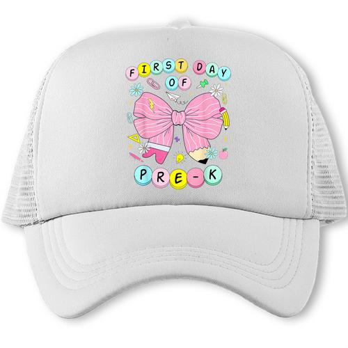 First Day Of Pre-K Girls Coquette Bow Back To School Kids Trucker Cap - Savourry