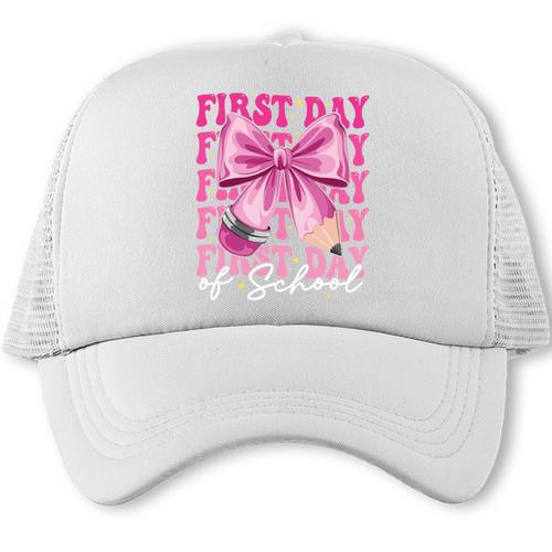 First Day Of School Girls Coquette Bow Back To School Performance Trucker Cap - Savourry