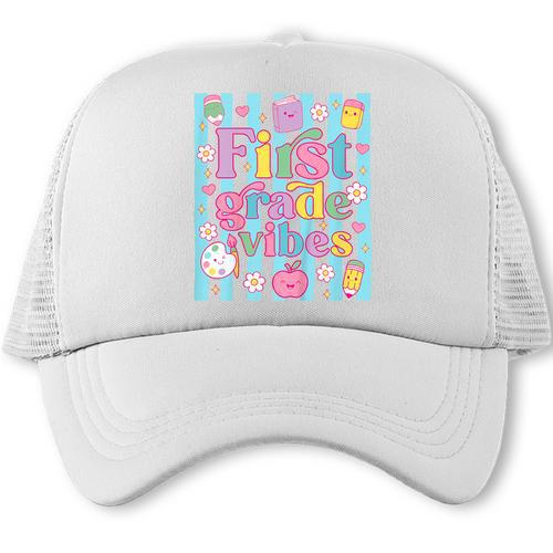 First Grade Vibes Cute Groovy Back To School 1st Grade Girls Trucker Cap - Savourry