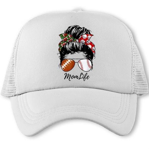 Football Mom Baseball Mom Life Messy Bun Mom Of Both Trucker Cap - Sportilla