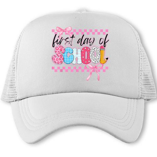 Girl First Day Of School Coquette Bow Pink Back To School Trucker Cap - Savourry