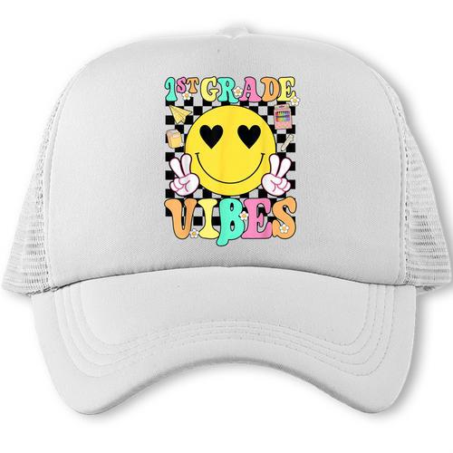 Girls 1st Grade Vibes Smile Face Back To School First Grade Trucker Cap - Savourry