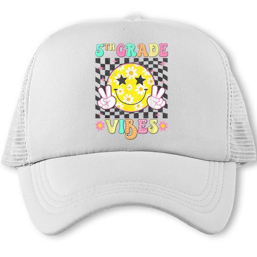 Girls 5th Grade Vibes Smile Face Back To School Fifth Grade Trucker Cap - Savourry