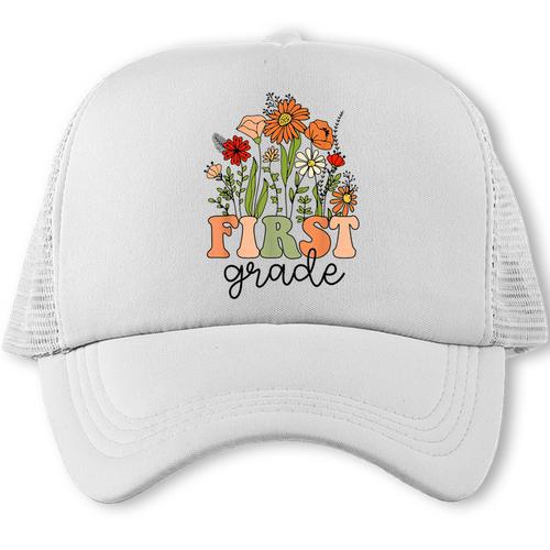 Groovy First Grade Wildflowers Back To School 1st Grade Trucker Cap - Savourry