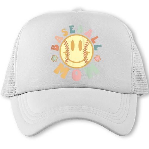 Groovy Retro Floral Happy Smiling Face Baseball Mom Trucker Cap - Sportilla