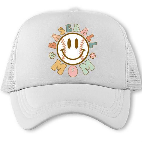 Happy Baseball Mom Groovy Retro Floral Smiling Face Trucker Cap - Sportilla