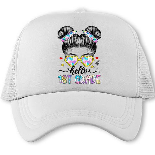 Hello 1st Grade Messy Bun Girl Back To School First Day Trucker Cap - Savourry