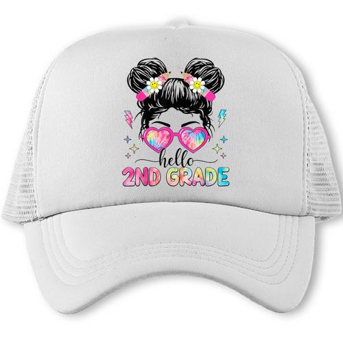 Hello 2nd Grade Messy Bun Back To School First Day Girl Kids Trucker Cap - Savourry