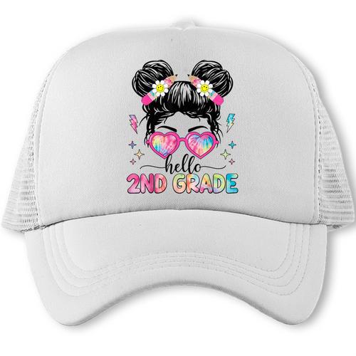 Hello 2nd Grade Messy Bun Girl Back To School First Day Trucker Cap - Savourry